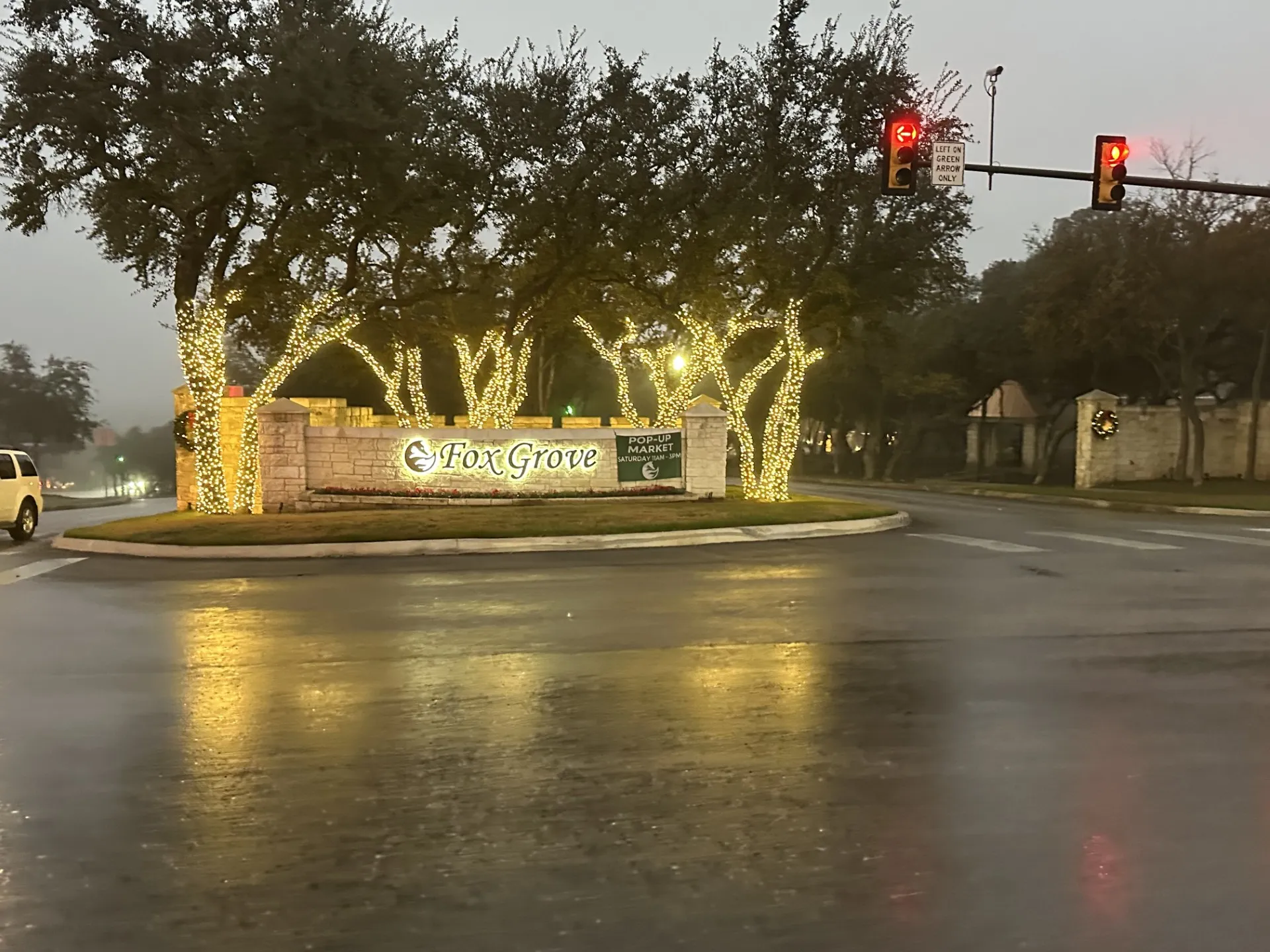 Multiple trees wrapped in warm holiday lights at a community entrance